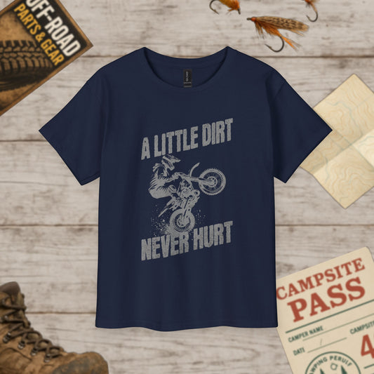 Dirt Bike Adventure Youth Tee A Little Dirt Never Hurt Light Print