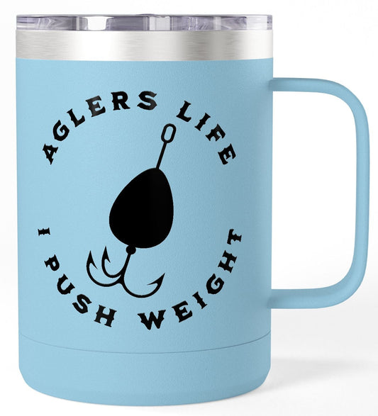 Light blue mug with 'Agler's Life I Push Weight' text and graphic on a white background