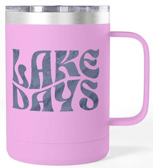 Pink mug with 'Lake Days' text on a white background
