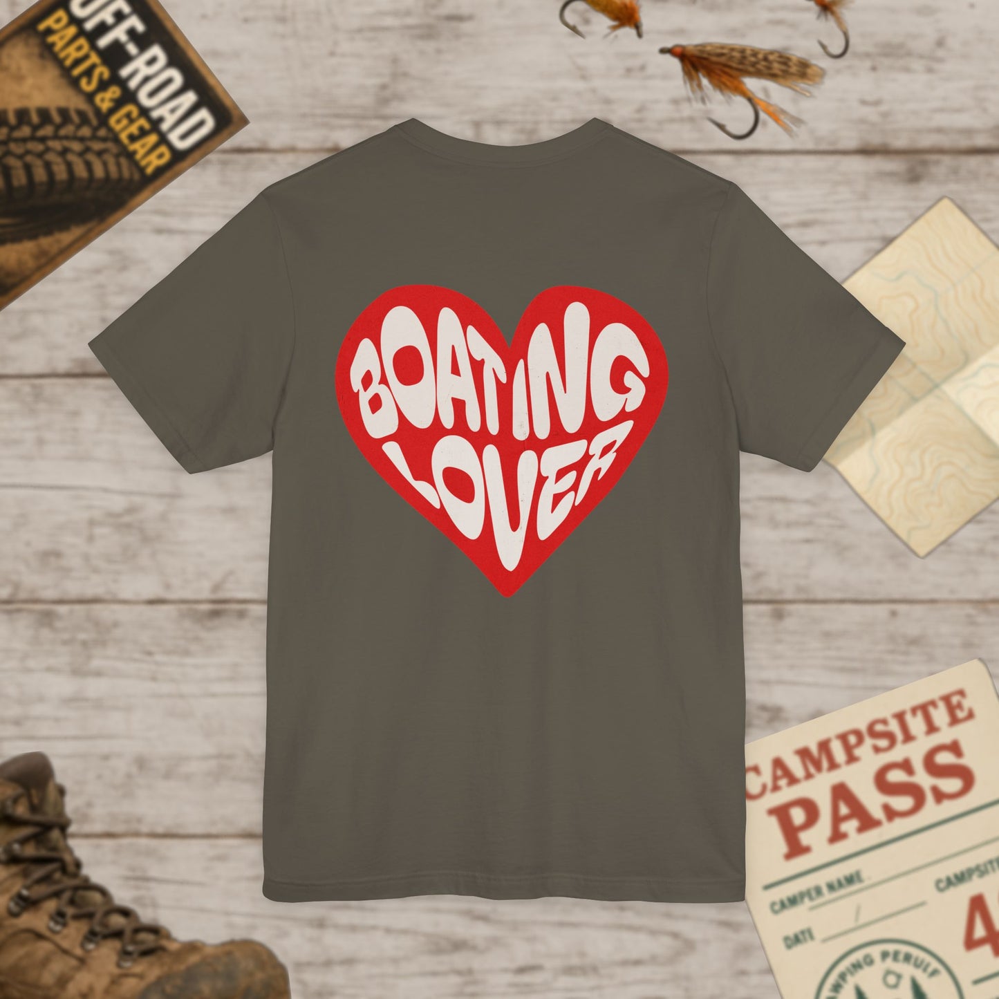 Boating Lover Unisex Tee Fun Heart Graphic T-Shirt for Boating Enthusiasts Front & Back Print Bella Canvas 3001