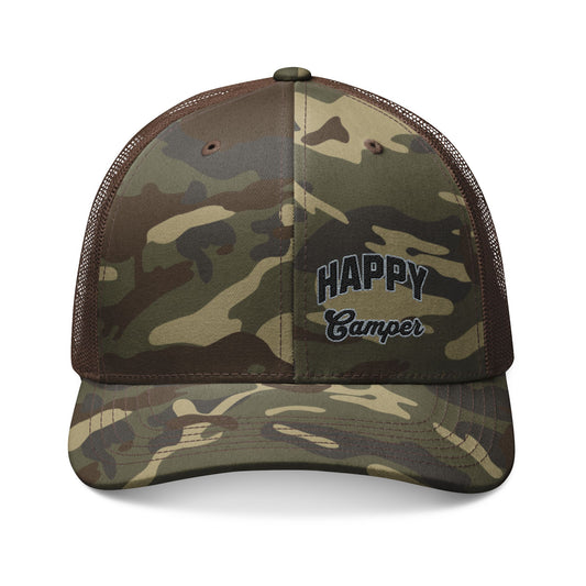 Camouflage Embroidered Trucker Hat Happy Camper Mesh Cap
