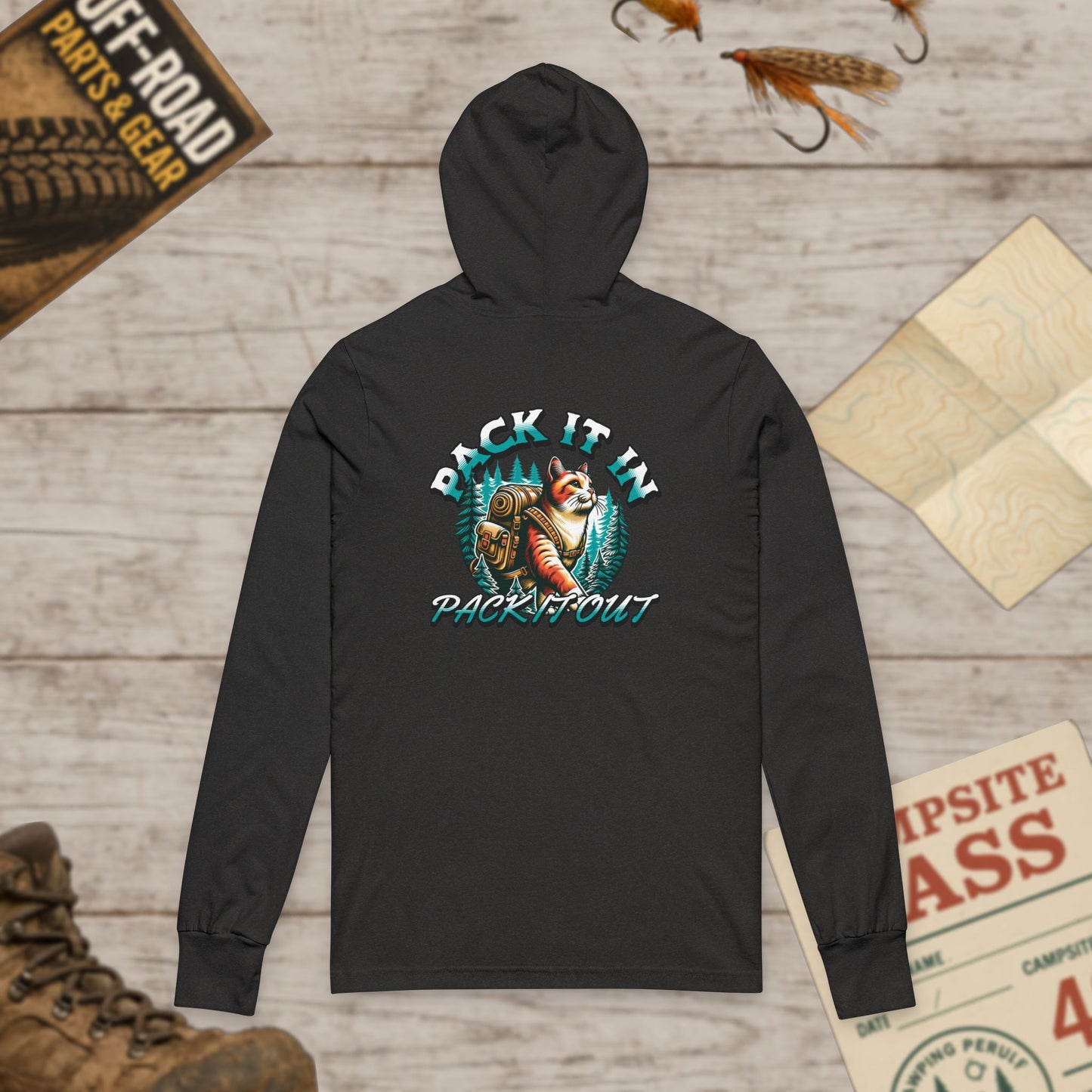 Cat Pack It In Pack It Out Front & Back Print Unisex Hooded Long Sleeve Tee Bella Canvas 3512