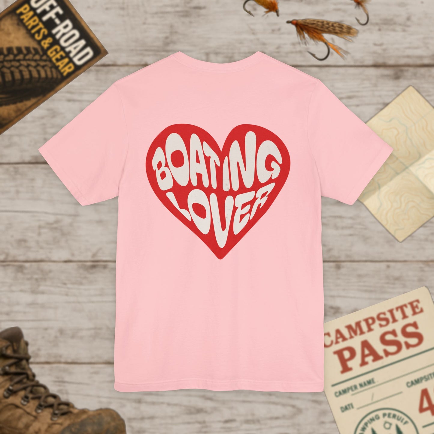 Boating Lover Unisex Tee Fun Heart Graphic T-Shirt for Boating Enthusiasts Front & Back Print Bella Canvas 3001