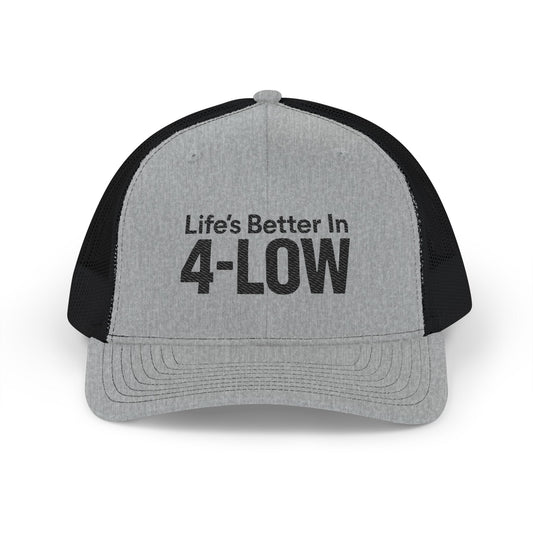 4-LOW Embroidered Trucker Cap - "Life's Better In 4-LOW" Mesh Snapback for Off-Road & Lowrider Fans