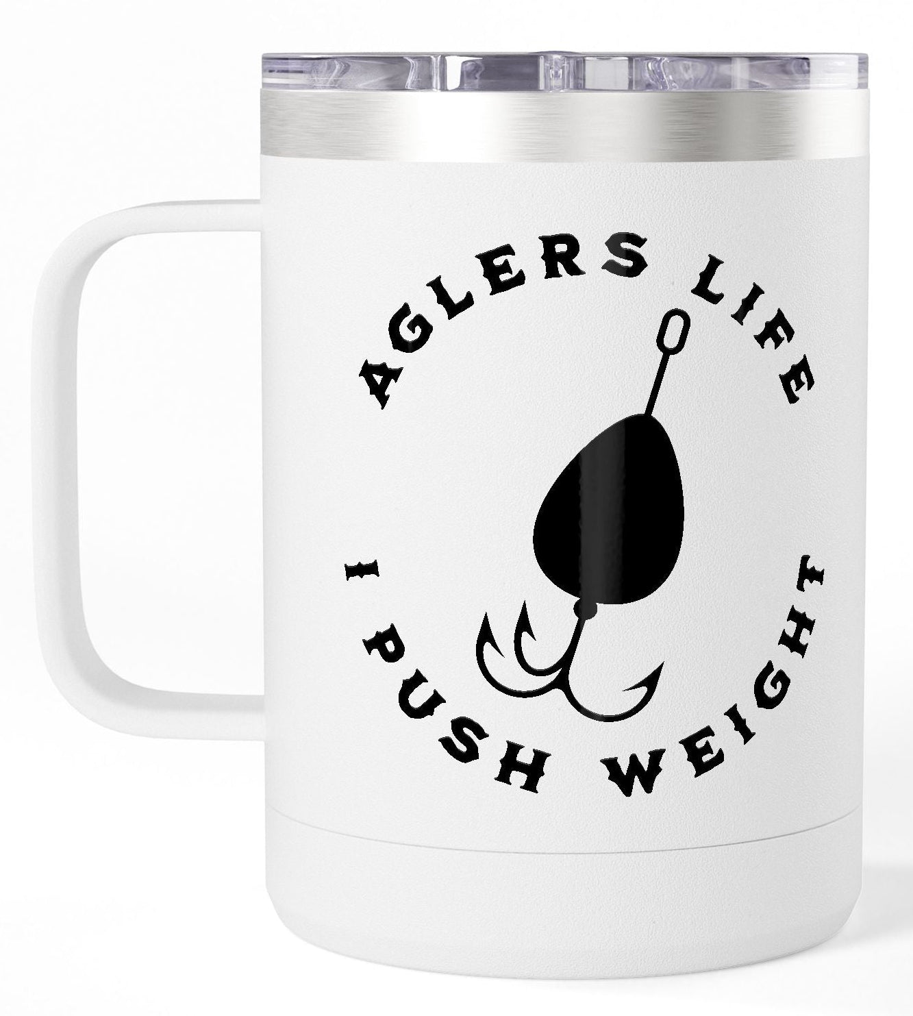 White mug with fishing-themed design and text on a white background