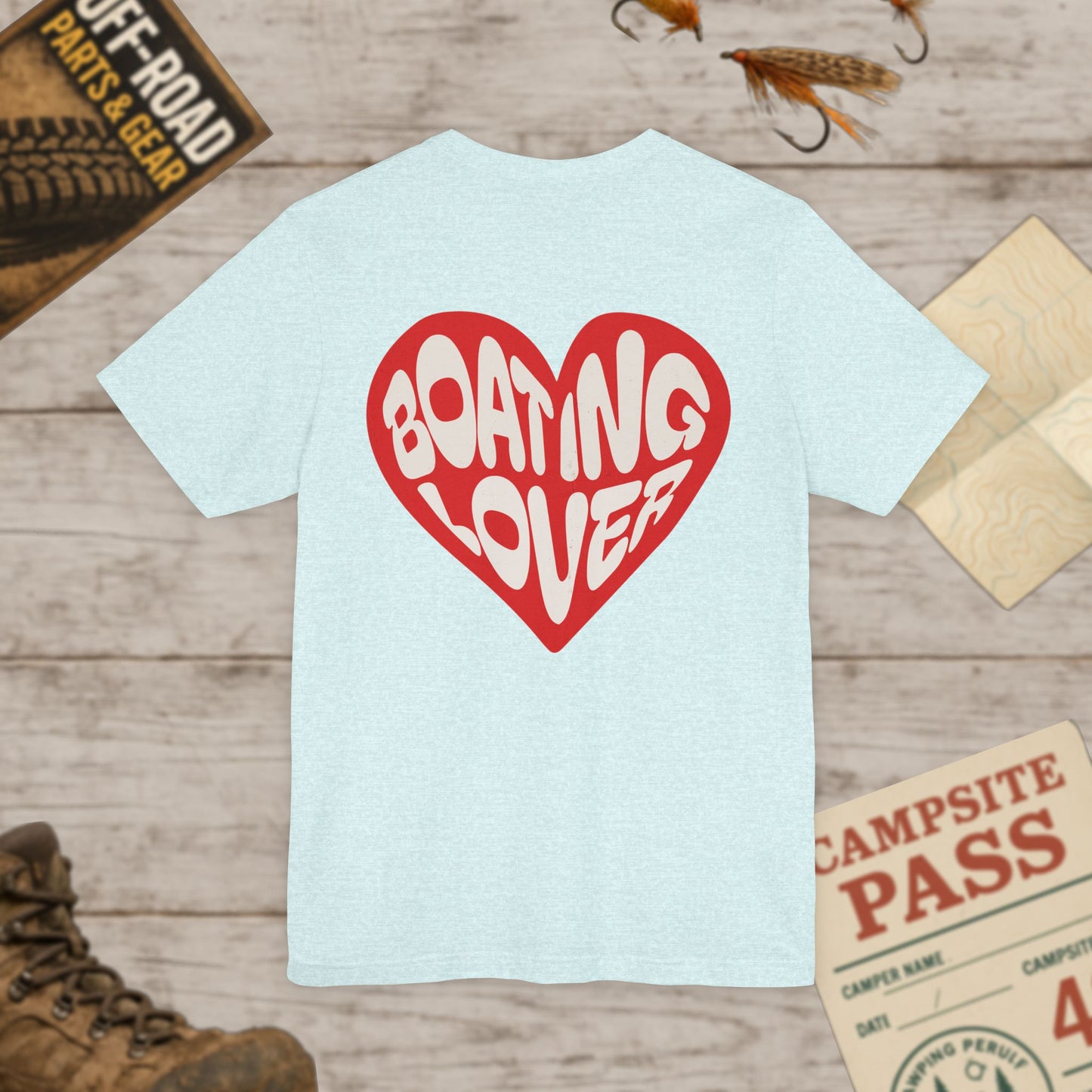 Boating Lover Unisex Tee Fun Heart Graphic T-Shirt for Boating Enthusiasts Front & Back Print Bella Canvas 3001