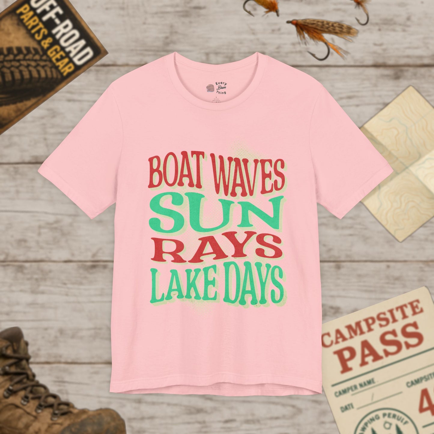 Lake Days Unisex Short Sleeve Tee Boat Waves & Sun Rays Bella Canvas 3001