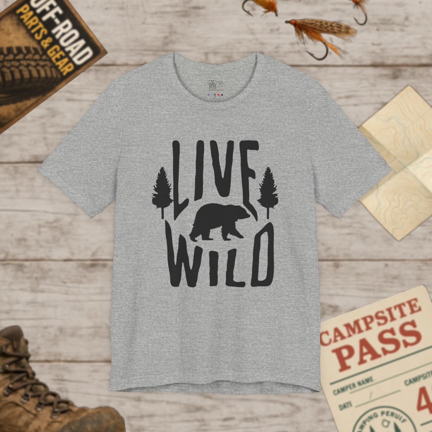 Live Wild Bear T-Shirt  Outdoor Camping Nature Tee Blk Print