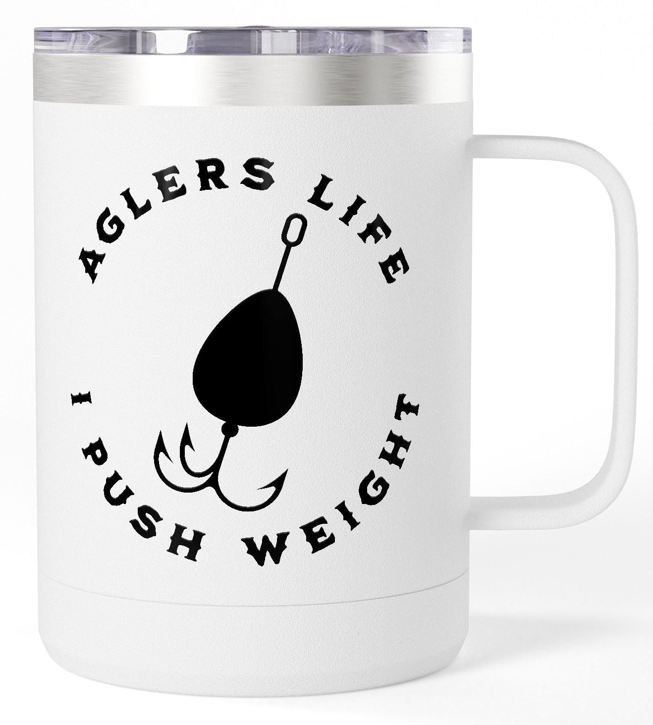 White mug with silver rim and handle, featuring a black graphic and text on a white background