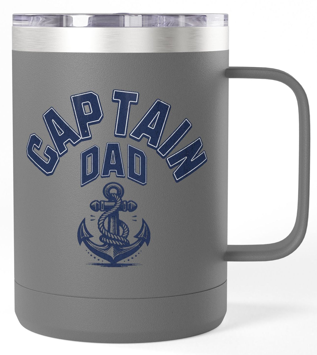 Gray mug with 'Captain Dad' text and anchor graphic on a white background