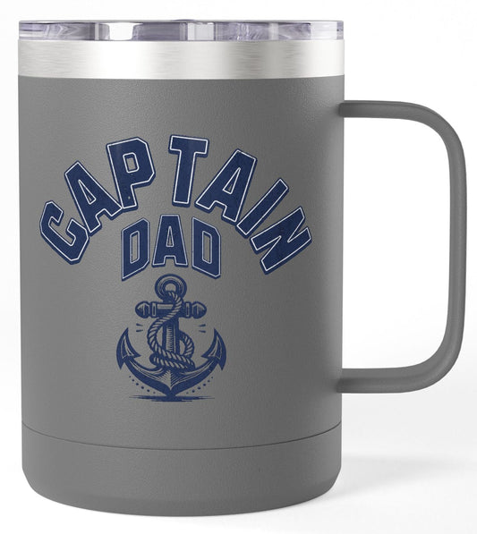 Gray mug with 'Captain Dad' text and anchor graphic on a white background
