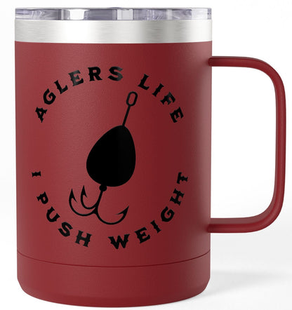Red mug with 'Angler's Life I Push Weight' text and fishing lure graphic on a white background