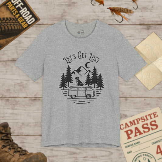 Let's Get Lost Camper Van T‑Shirt Adventure Forest Graphic Tee Black Print