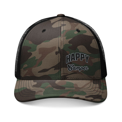 Camouflage Embroidered Trucker Hat Happy Camper Mesh Cap