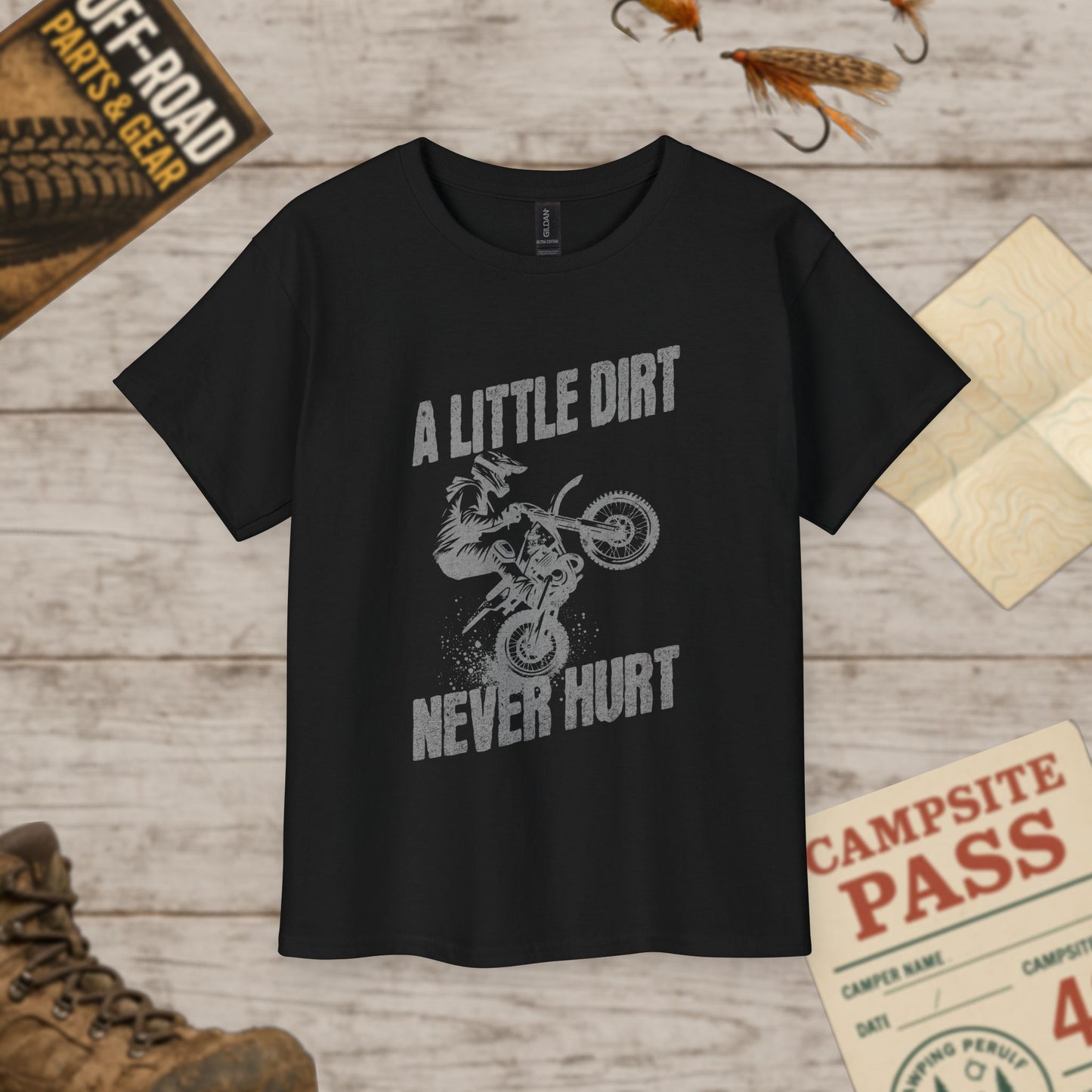 Dirt Bike Adventure Youth Tee A Little Dirt Never Hurt Light Print