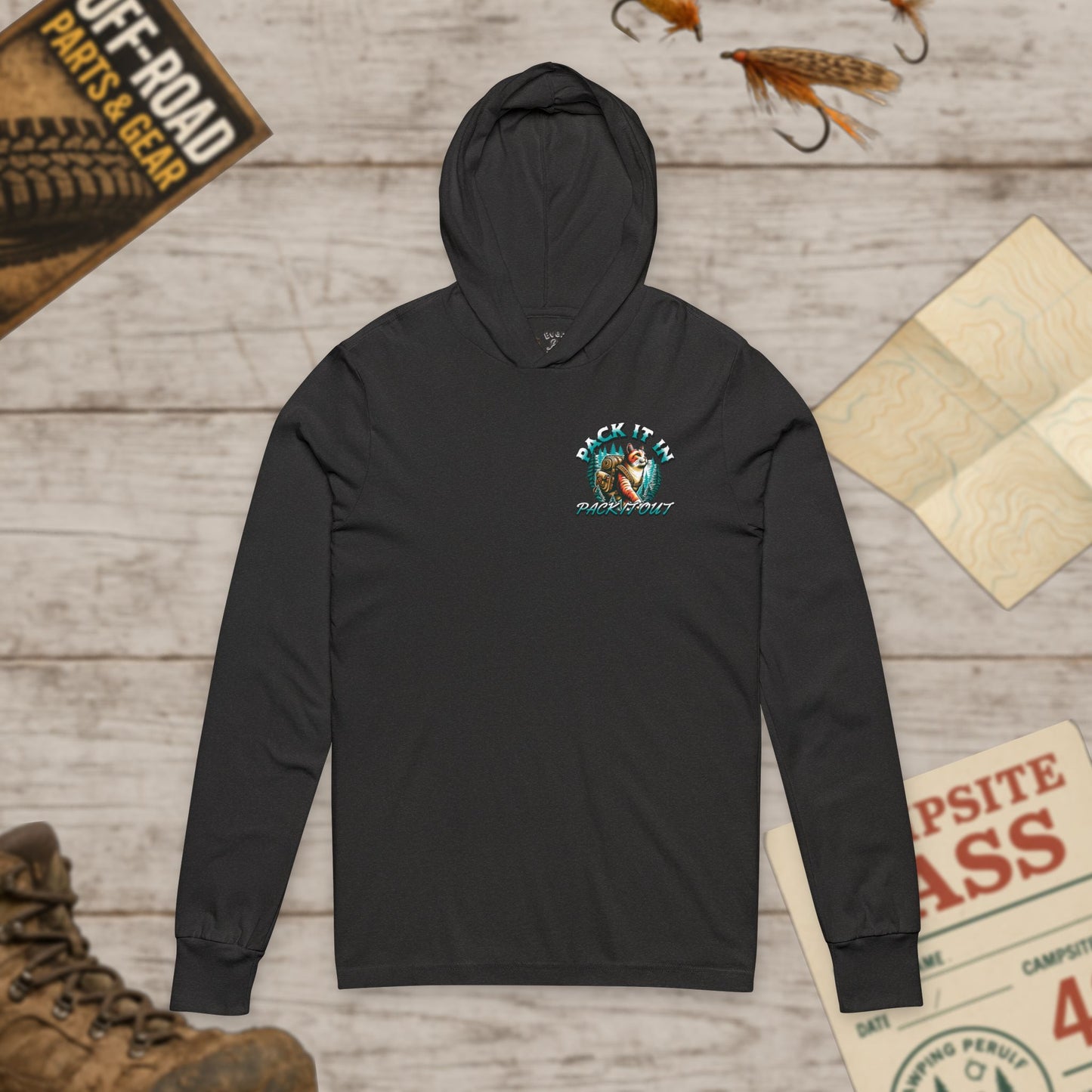 Cat Pack It In Pack It Out Front & Back Print Unisex Hooded Long Sleeve Tee Bella Canvas 3512