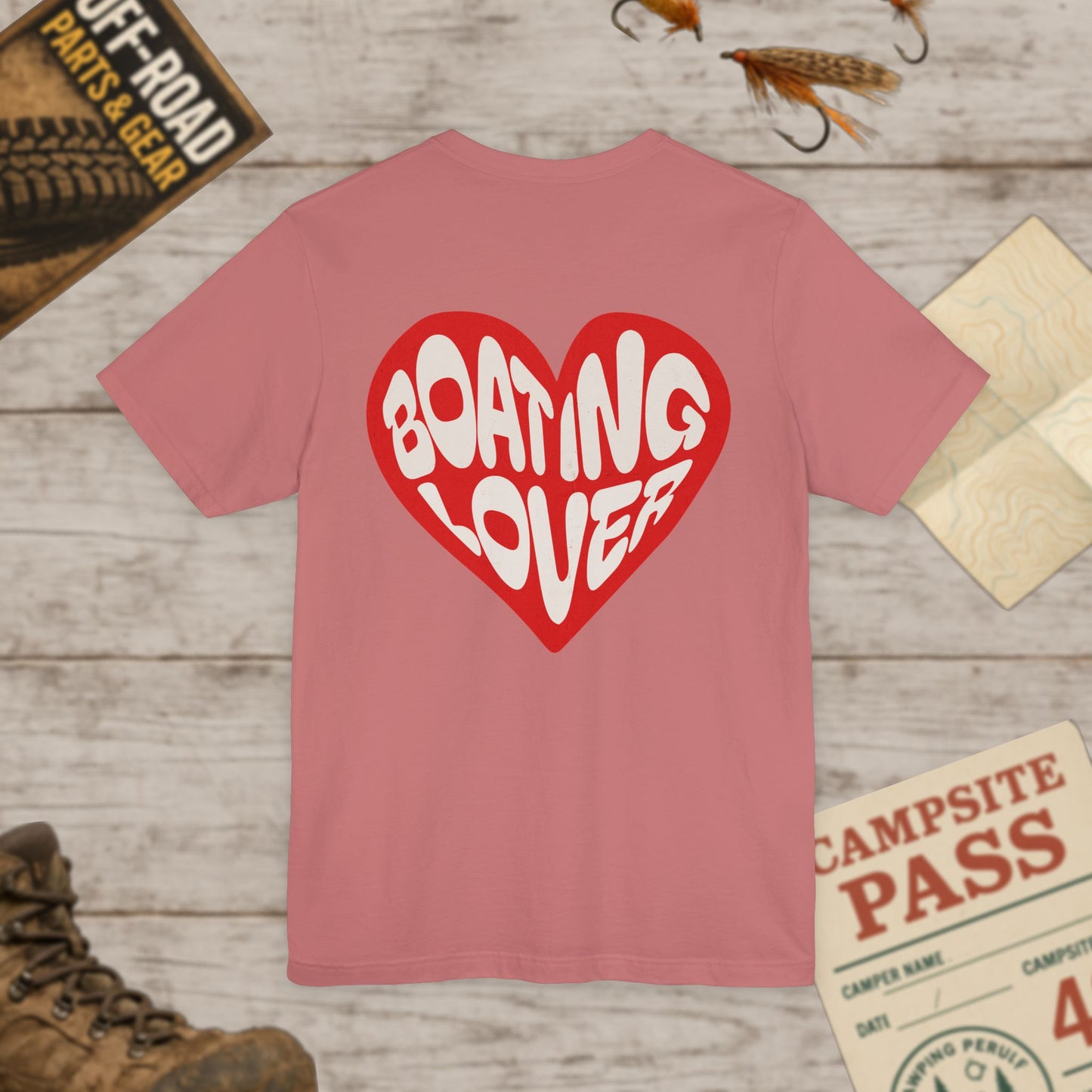 Boating Lover Unisex Tee Fun Heart Graphic T-Shirt for Boating Enthusiasts Front & Back Print Bella Canvas 3001