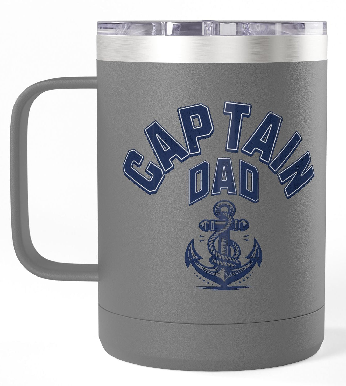 Gray mug with 'Captain Dad' text and anchor graphic on a white background