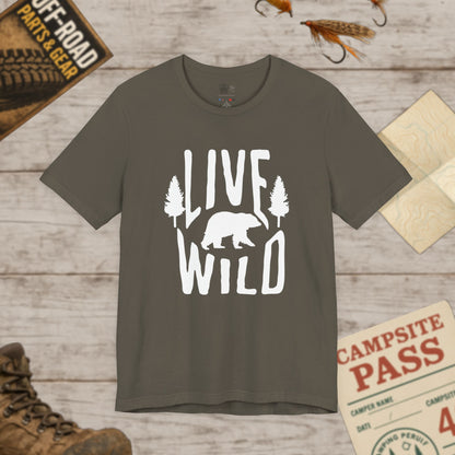 Live Wild Bear T-Shirt — Outdoor Camping Adventure Graphic Tee Wht Print