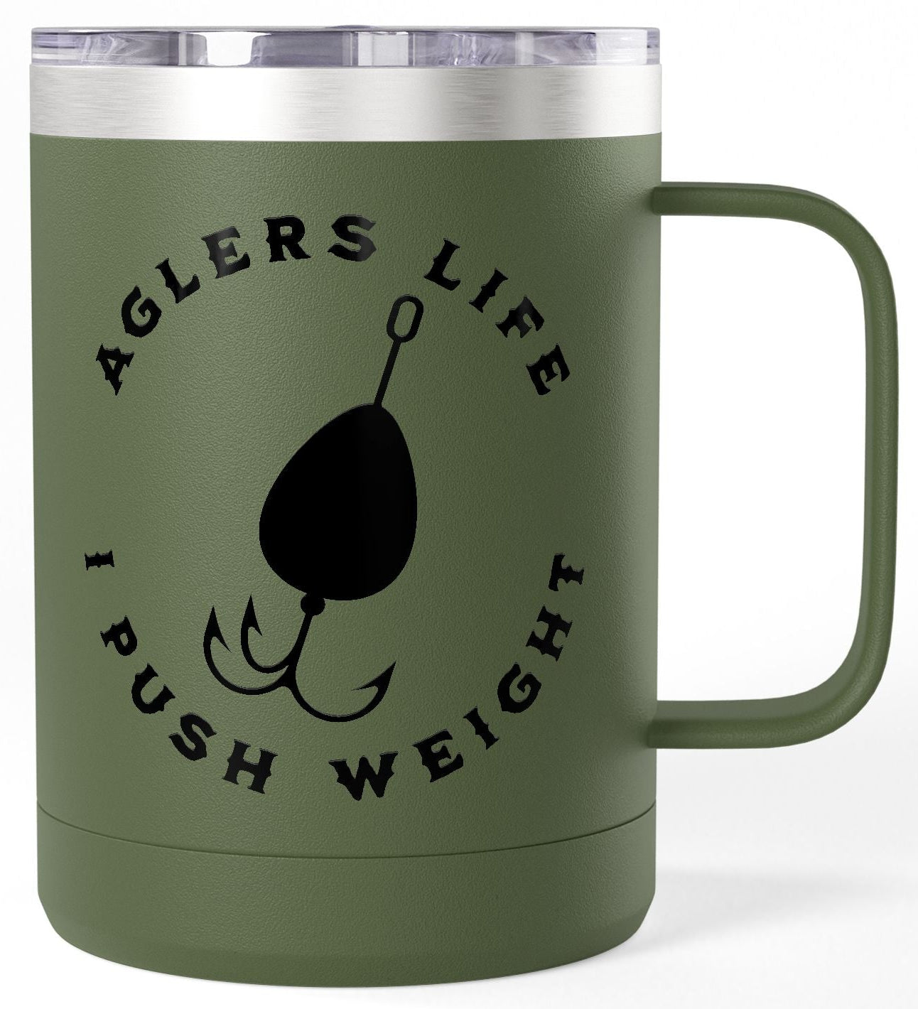Green mug with 'Agler's Life I Push Weight' text and fishing lure design on a white background