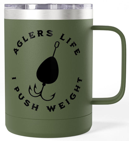 Green mug with 'Agler's Life I Push Weight' text and fishing lure design on a white background