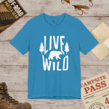 Live Wild Bear T-Shirt — Outdoor Camping Adventure Graphic Tee Wht Print