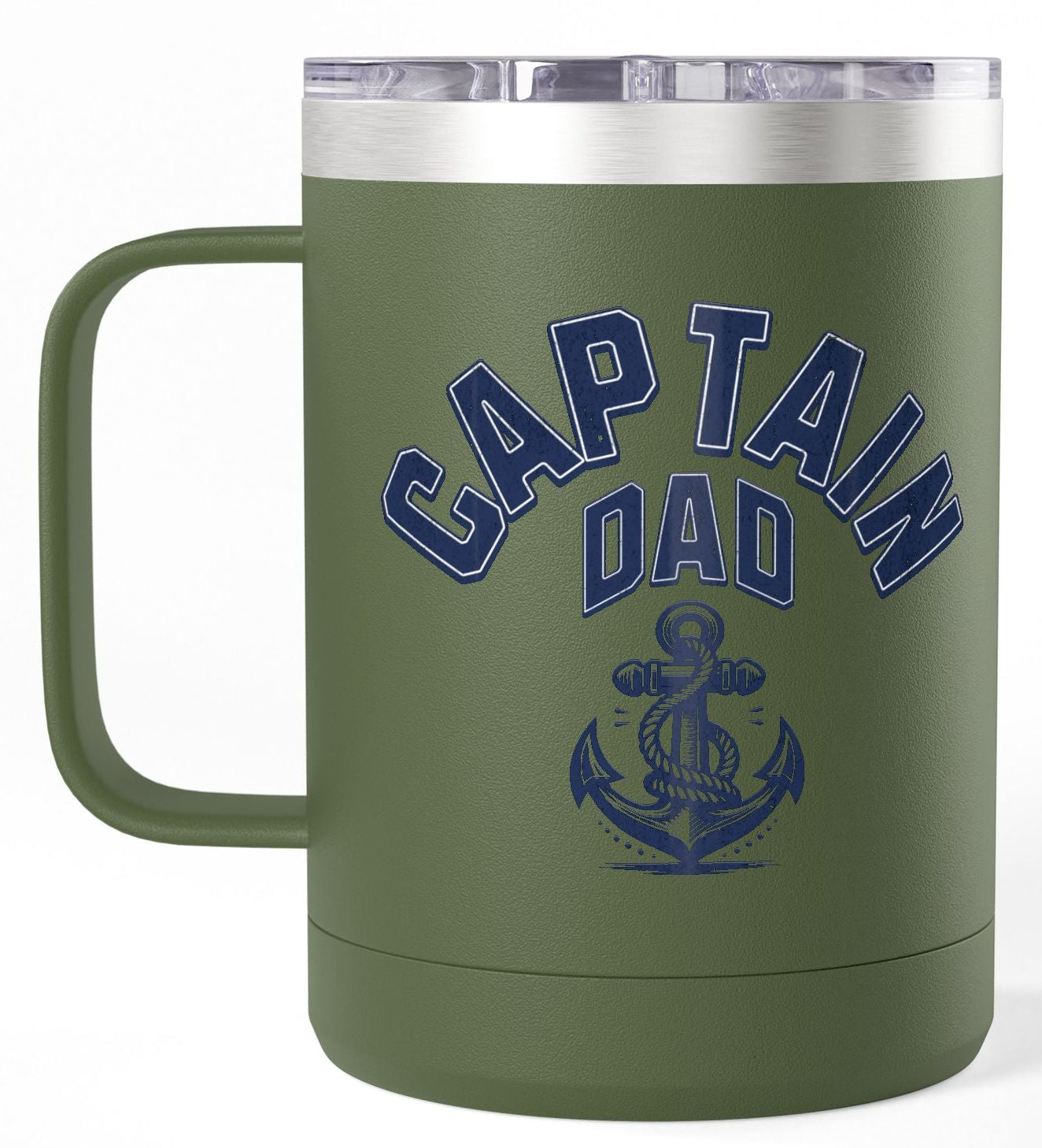 Green mug with 'Captain Dad' text and anchor graphic on a white background