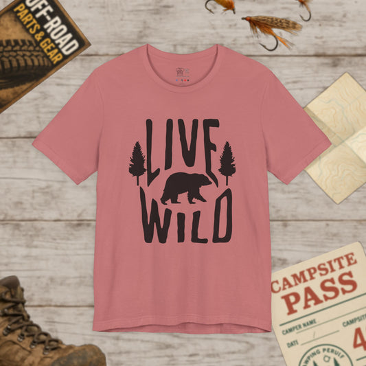 Live Wild Bear T-Shirt  Outdoor Camping Nature Tee Blk Print
