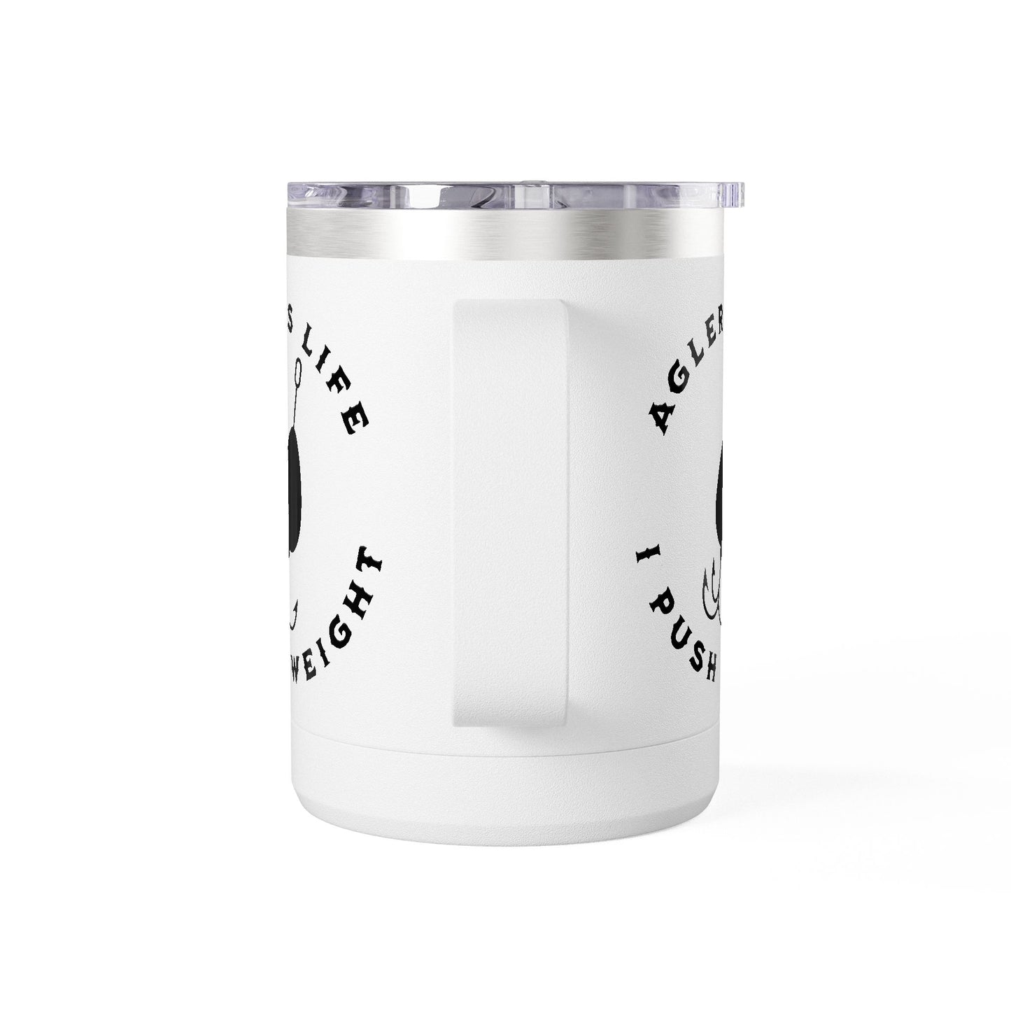White tumbler with black text on a white background
