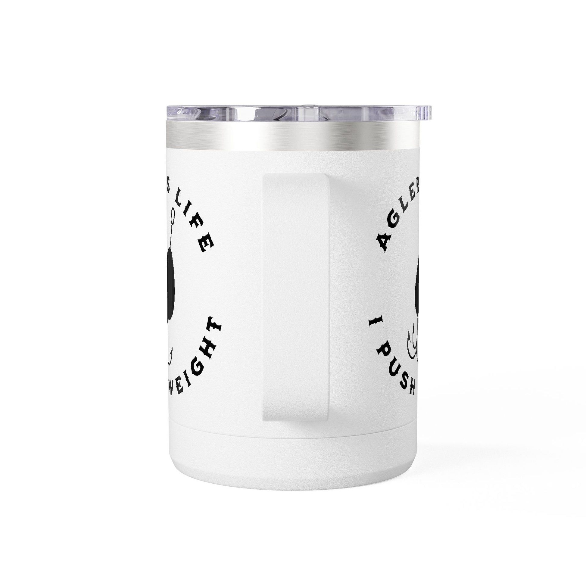 White tumbler with black text on a white background